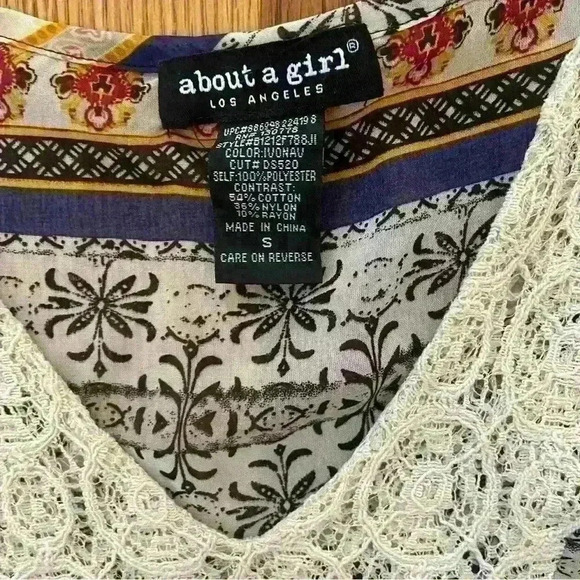 About a Girl Los Angeles Peasant Blouse Size S Boho Sheer Multi Colored Sleeves - Picture 13 of 13